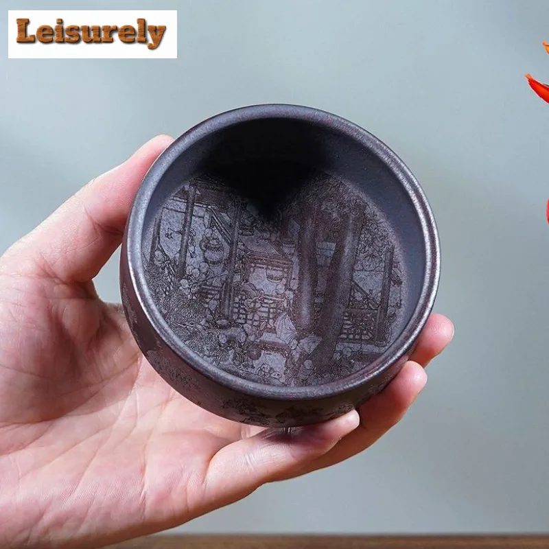 150ml Yixing Purple Clay Hundred Sons Good Fortune Teacup Aesthetic Tea Bowl Jug Tea-tasting Meditation Cup Chazhan Master Cups