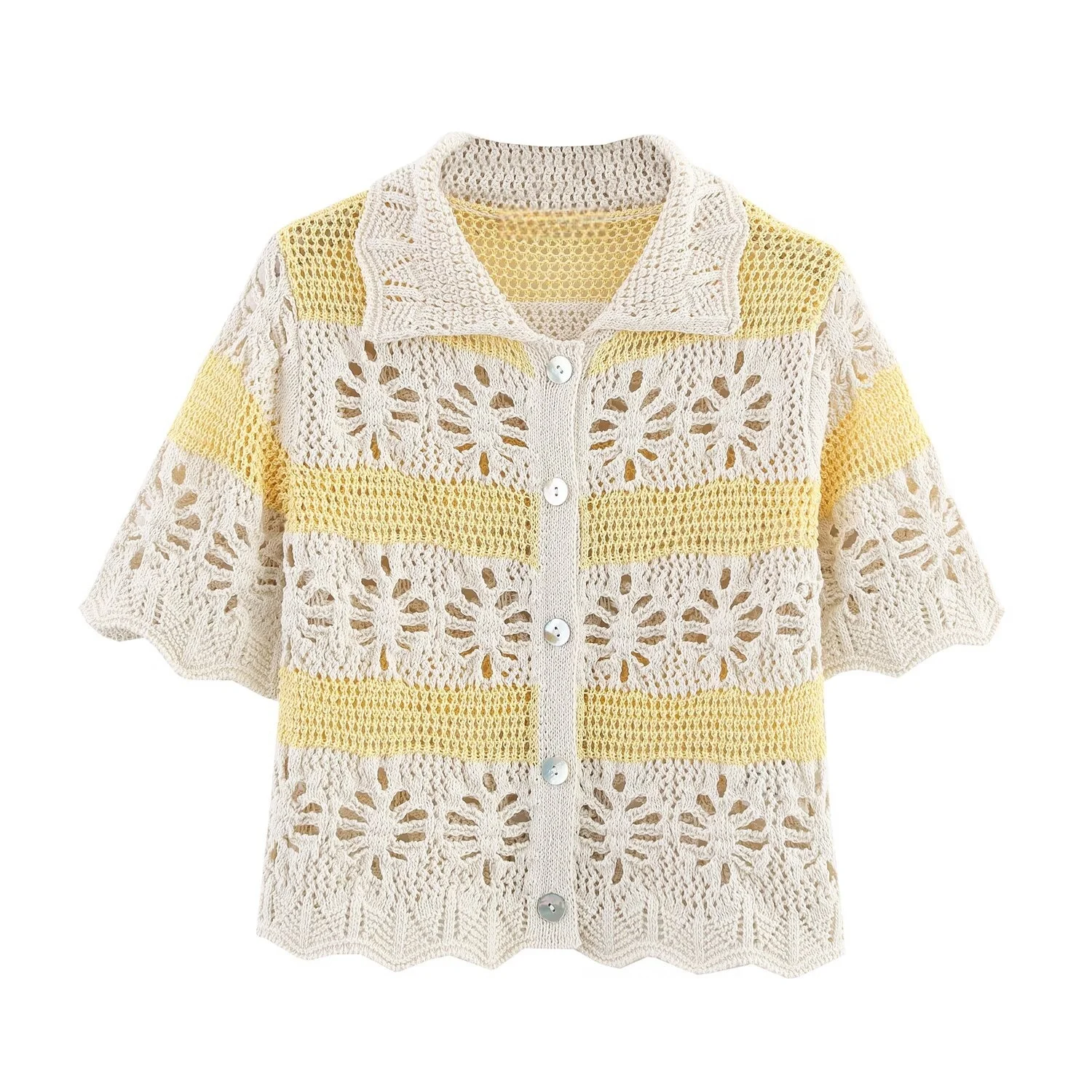 Striped Jacquard Mesh Hollow Out Cropped Top