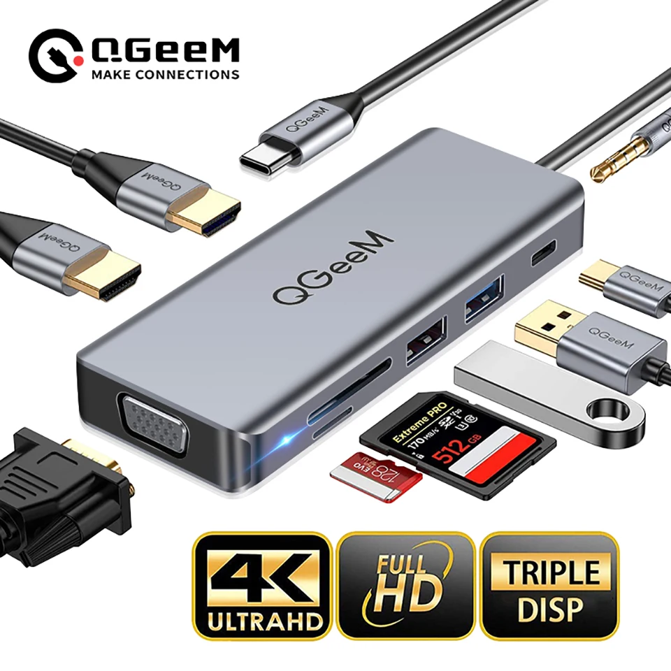 QGeeM USB C Hub for Macbook Pro Air Dual HDMI VGA Micro SD Card Readers