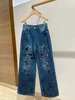 Women Hollow Out Embroidered Floral Jeans Straight Fashion Zipper Fly 2025 Summer Denim Long Pants for Female 2