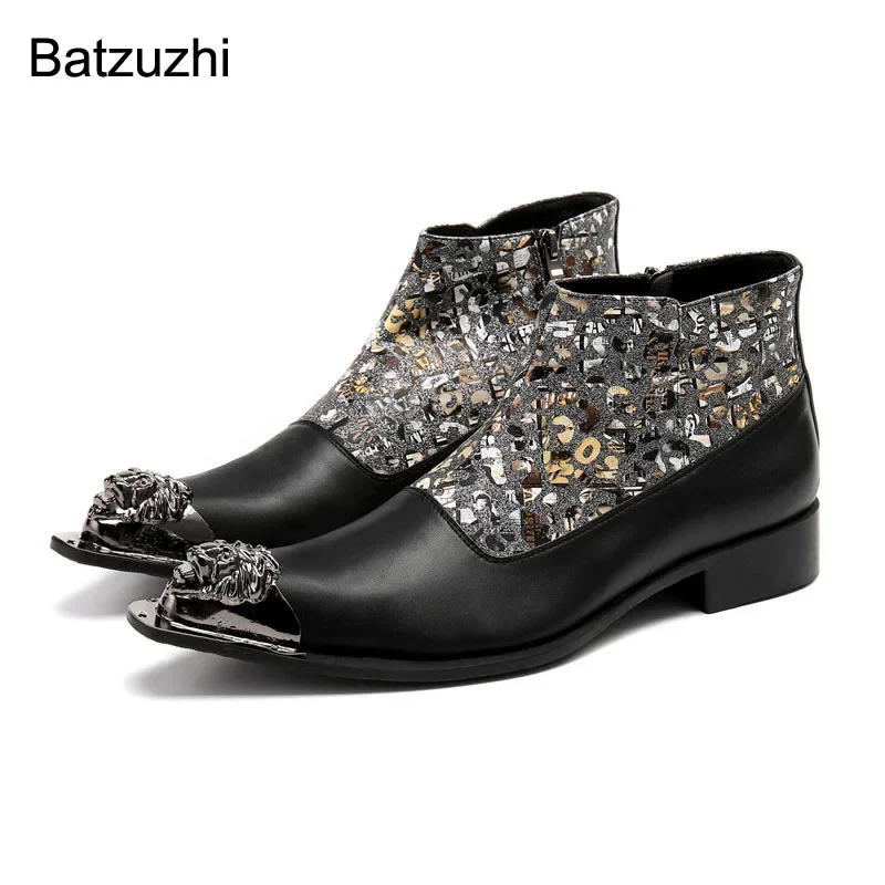 

Модные мужские ботильоны Batzuzhi из натуральной кожи, оригинальные мужские мотоциклетные ботинки черного цвета на молнии