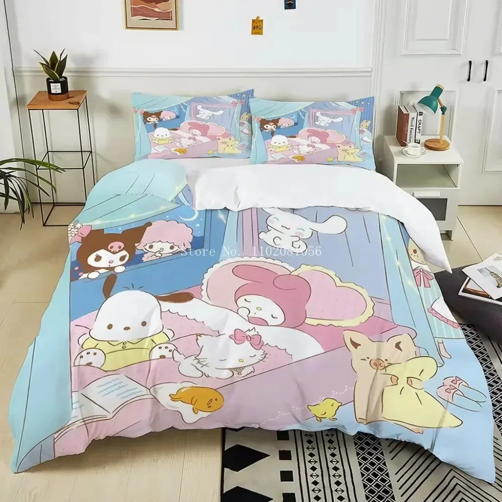 새로운 산리오 프렌즈 프린트 침구 세트 헬로 키티 마이 멜로디 시나모롤 침대 이불 커버 이불 커버 베개 커버 2-3개 세트