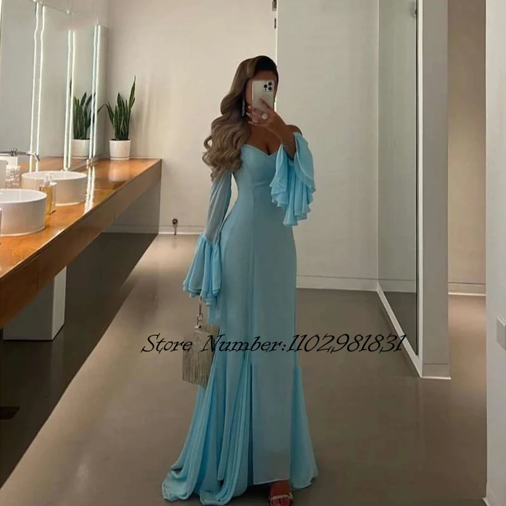 

Blue Saudi Arabic Women Evening Dresses Off Shoulder Flare Long Sleeves Chiffon Formal Party Prom Gowns Floor Length 2024 New