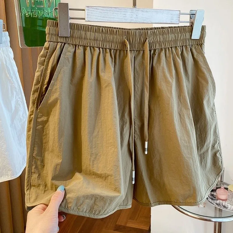 Female Casual Sporty Solid Color Elastic Waist Shorts 2023 Summer All-match Fashion Wide Leg Drawstring Shorts Women's Clothing