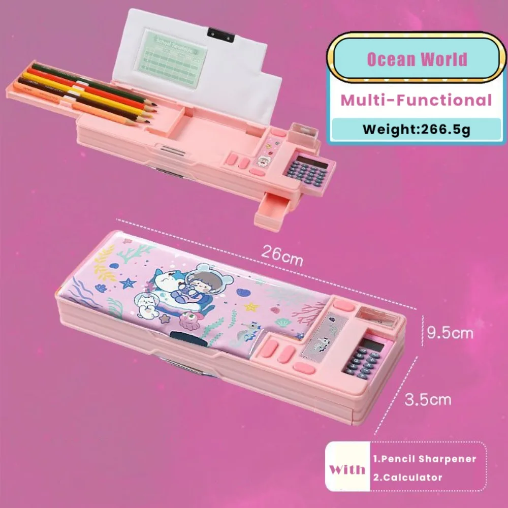 Dual-Sided Fun Mechanism Plastic Pencil Case with Built-In Calculator and Sharpener