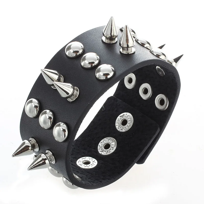 

Metal leather men bracelet with Spikes Studded Black