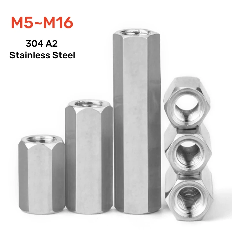 Tuercas Largas Hexagonales Acero Inoxidable A2 – Métricas M5 M6 M8 M10 M12 M14 M16 (Marca S P)