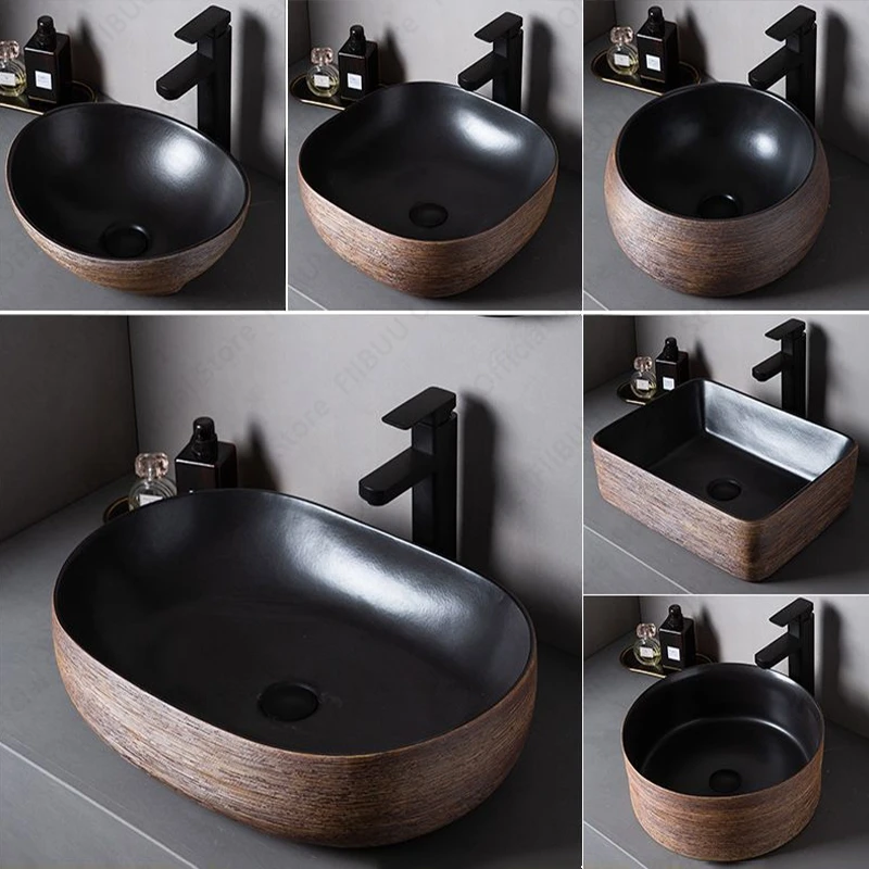 Brown Porcelain Ceramic Vessel Sink Above Counter Vanity Bowl Basin Bathroom Sanitary Balcony Table Sink Countertop Oval Basin 5