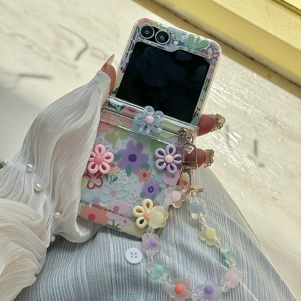 2-in-1 Lovely 3D Rotating Flower Phone Case with Wrist Chain - Shockproof Hinge Protection Cover
