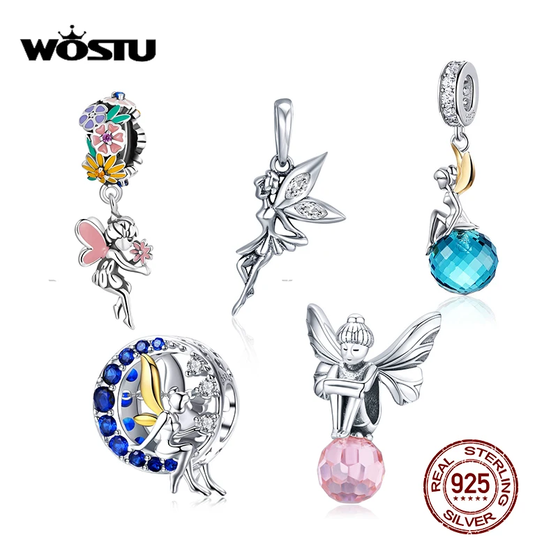 Wostu 100% 925 Sterling Silver Bead Elf Planet Blue Zircon Charms Fit Charms Ciondolo Braccialetto Originale Per Creazione Di Gioielli Ctc056