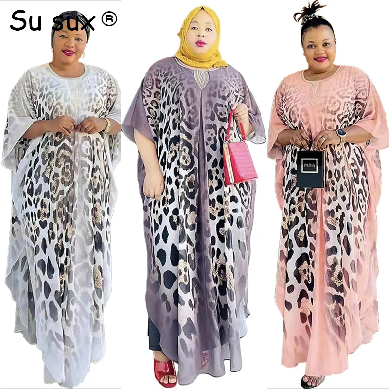 

African Dresses For Women 2023 Abaya Muslim Dubai Bazin Riche Origina Robe Africain Plus Size Chiffon Bat Sleeve Maxi Dress