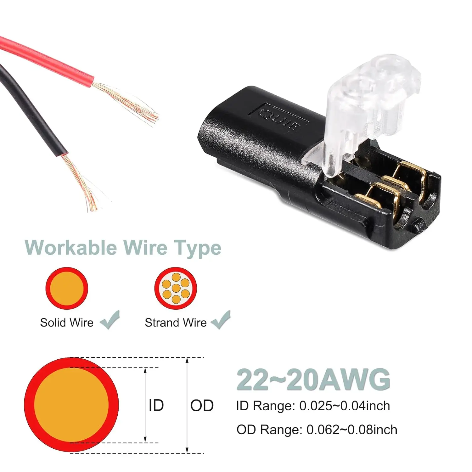 Pluggable LED Wire Connectors 2 Pin 2 Way Toolless Spring Wire Connectors Without Wire-Stripping Compact Wiring 20PCS