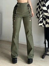 

Green Streetwear Buckle Cargo Pants Women Bandage High Waist Punk Style Grunge Joggers Vintage 90s Straight Trousers