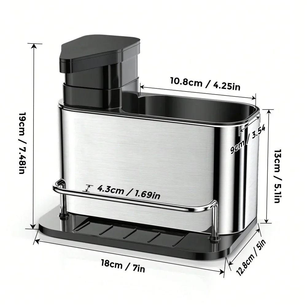 Soap Dispenser Soap Liquid Box Pressing Soap Liquid Box 3-in-1 Kitchen Stainless Steel Tableware Soap Dispenser, Sponge Holder, Sink Organizer Drain Rack, Suitable for Kitchen Sinks