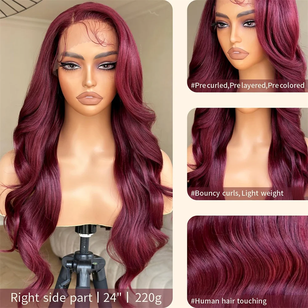 Long Synthetic Body Wavy Wine Red Wig, Burgundy Glueless 13X5X1 Lace Wig For Women, 24 Inches, Daily Party Halloween Cosplay