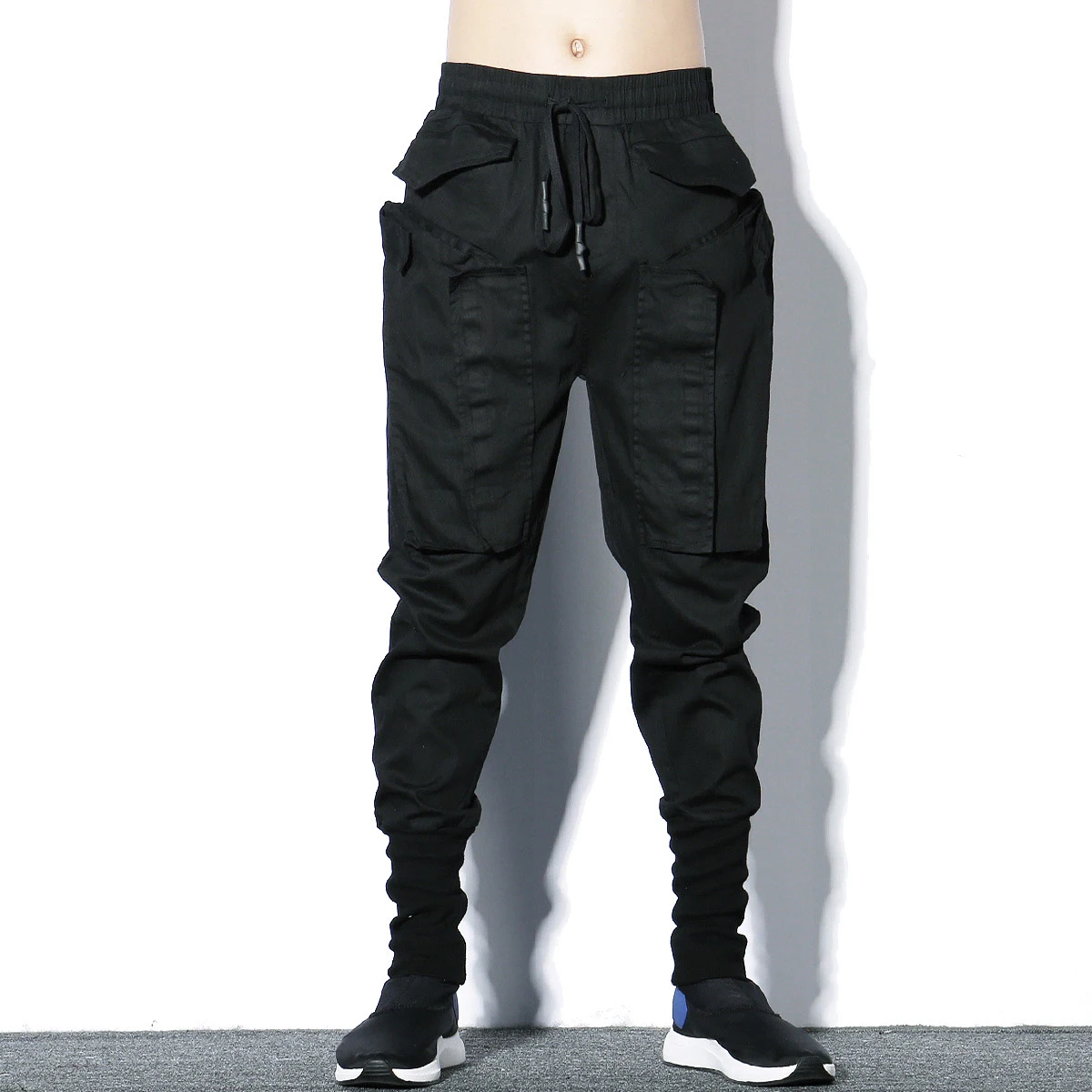 Tactical Functional Cargo Trousers Men Hip Hop Streetwear Elastic Waist Pants Joggers Irregular Multi-pocket Pant Black WB520 2