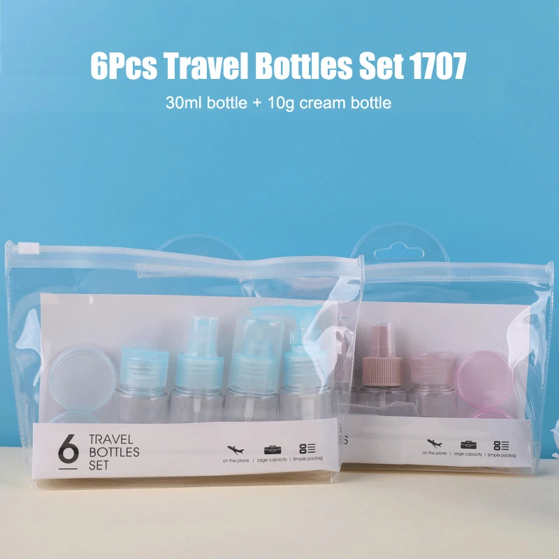 

6PCS Portable Travel Bottle Set Empty Plastic Refillable Bottles Kit Cosmetics Spray Lotion Essence Shampoo Cream Gel Container