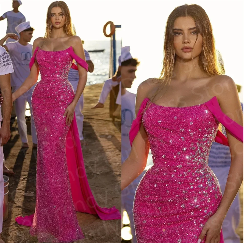 

Розовые вечерние платья-русалки с блестками, женское платье с открытыми плечами, длинное плиссированное платье для выпускного вечера, платья для женщин