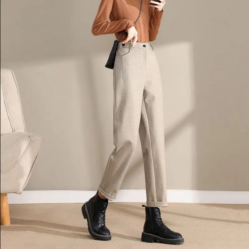 Autumn and Winter Women's Solid Color Straight Pipe Pants Slim Button Fashion Casual Formal Office Lady All Match Trousers new woolen pipe pants women autumn winter loose straight high waist tweed casual nine points radish trousers