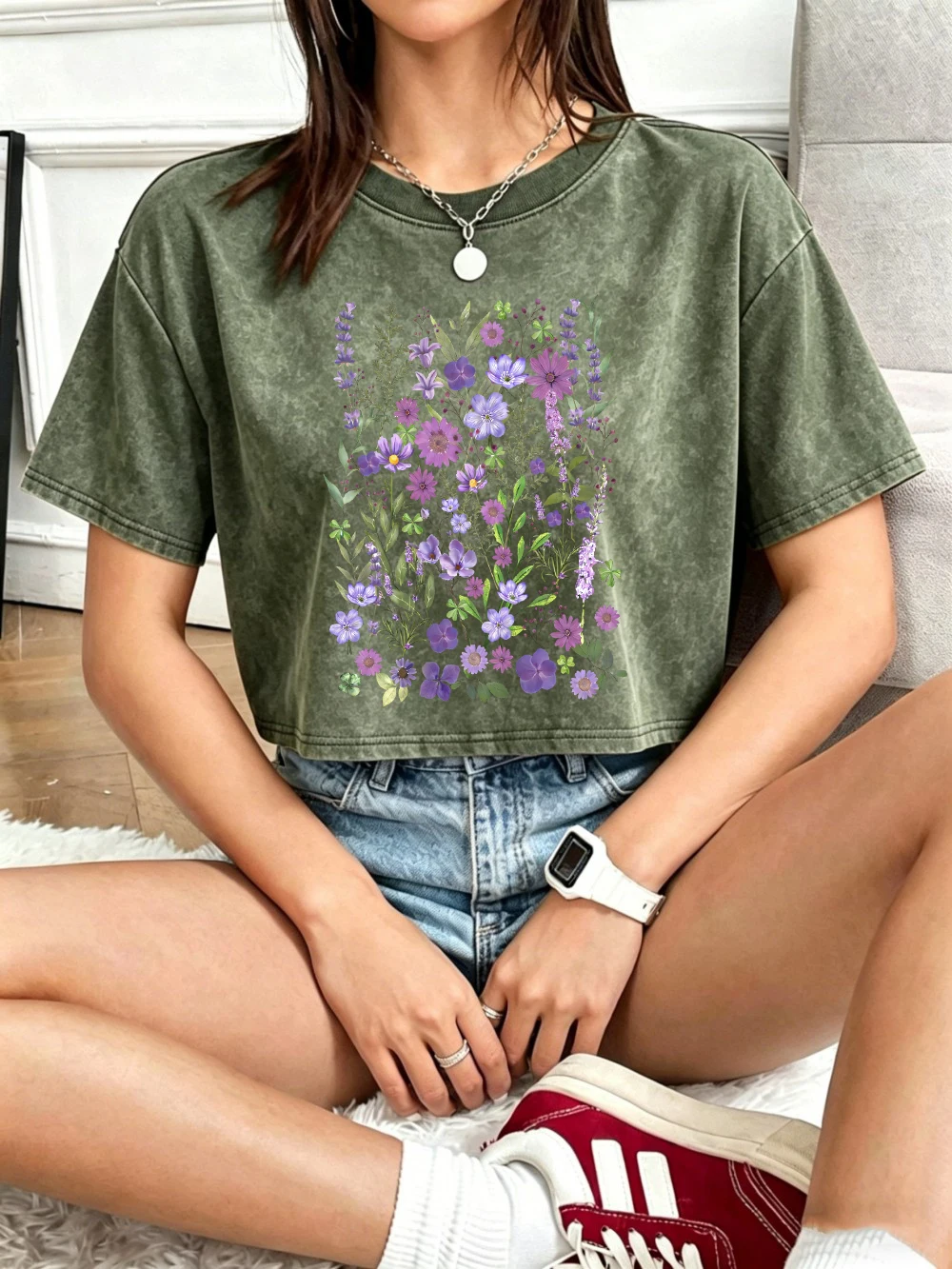 Purple Watercolor Floral Print Women's Summer Cotton Crop Top