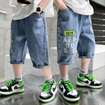 2024 New Teenage Boys Denim Shorts 4-10 Years Summer Fashion Letter Printed Soft Trousers For Kids Children Casual Pants 1
