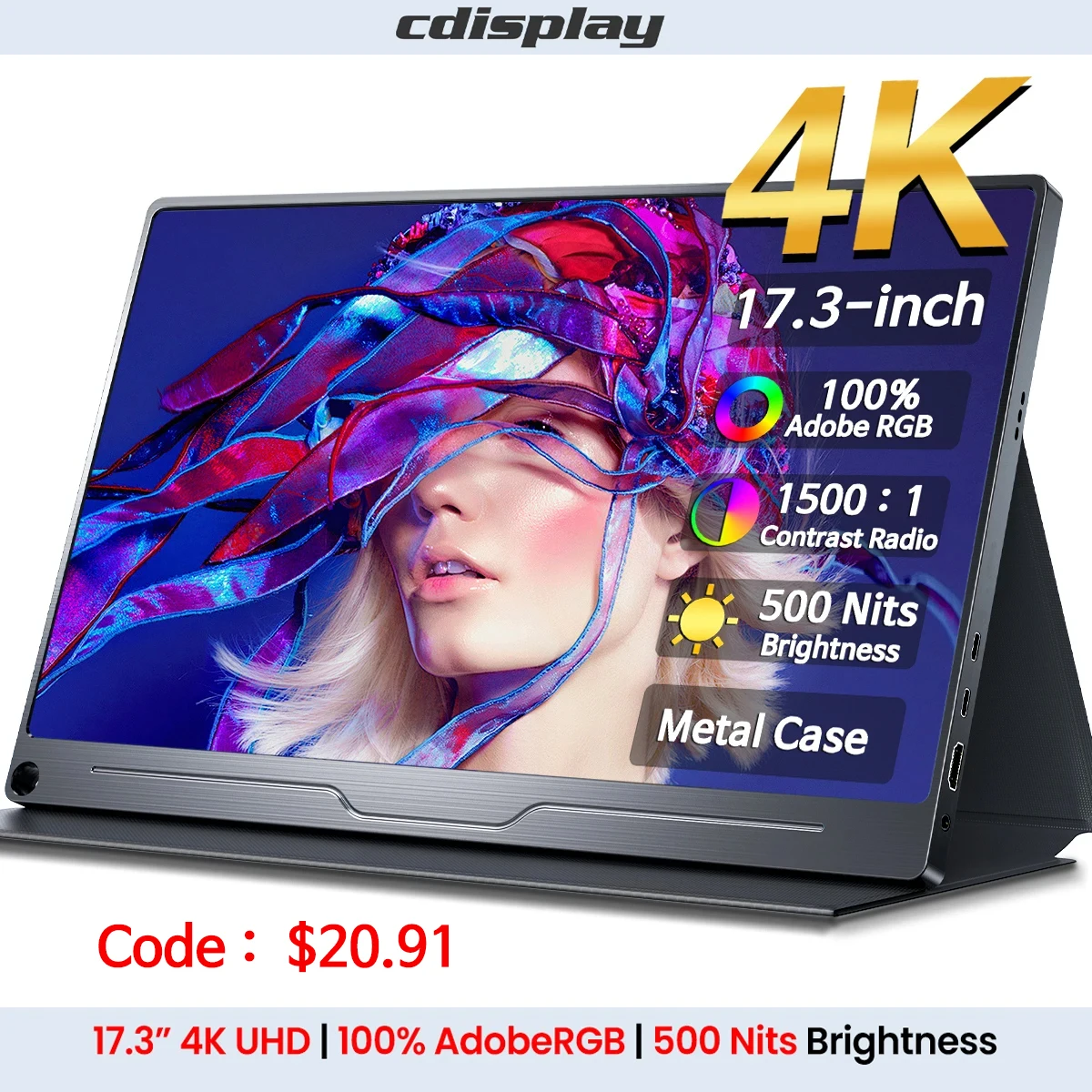 

4K Portable Monitor 17.3-inch 3840x2160 500 brightness 1500:1 USB-C HDMI-Compatible PC IPS Monitor for Laptop Xbox Switch Phone