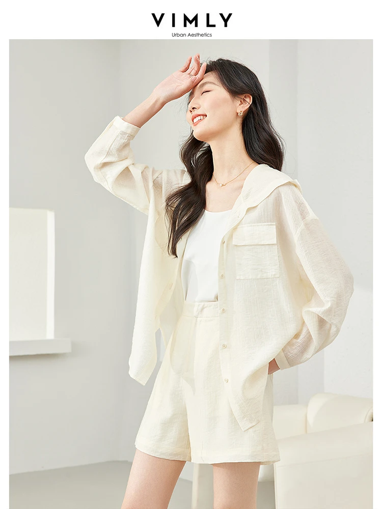 Vimly Apricot Thin Pant Sets for Women 2024 Spring Lyocell Hooded Jacket Elastic Waist Sport Short Pants New Matching Set M6271