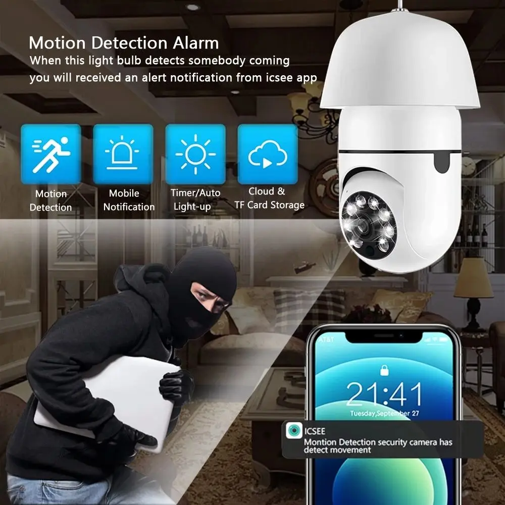 ICSEE 2MP Wifi Bulb Camera With E27 Socket Bulb Indoor Wireless Security Camera Night Vision With Motion Detection 6