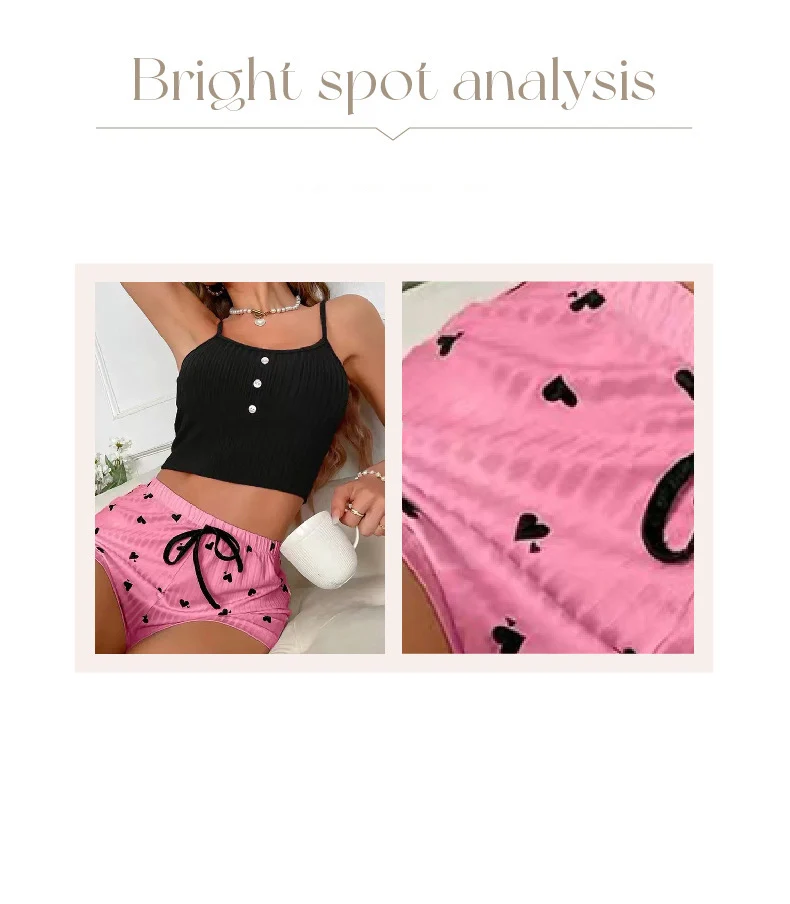  New Ribbed Blue Pajama Set Women's Heart Print Cami Top and Shorts Soft Comfortable Loungewear Cute Trendy Fashion Hot Sale