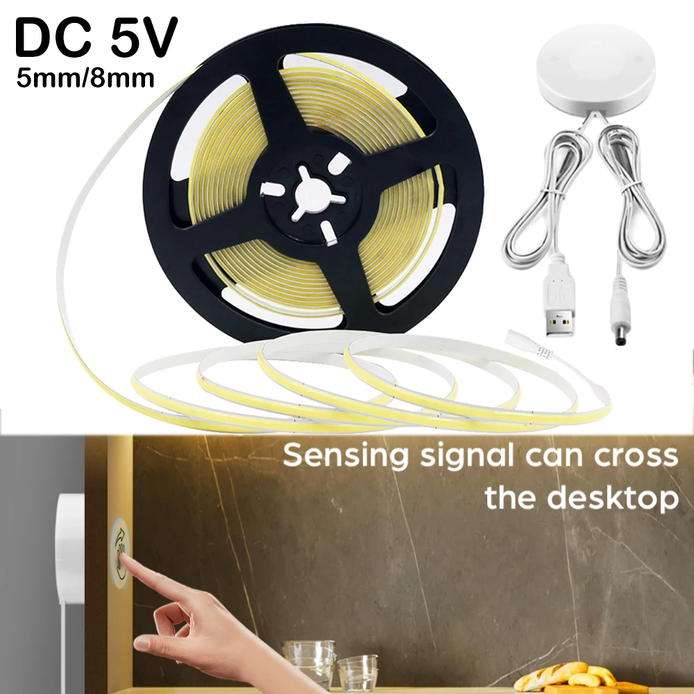 Hand Scan Sensor and Touch Dimmer Switch 5mm 8mm COB LED Strip 5V 320LEDs/m USB LED Light Tape Bedroom Kitchen Cabinet Backlight
