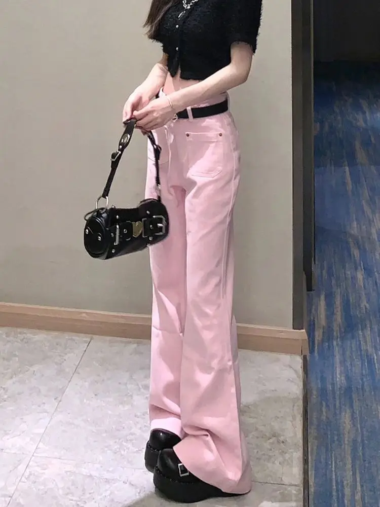 Flare Jeans Pink High Waist Streetwear Loose All-Match Spring Fashion Korean Style Simple Women Asual New Floor Mopping Pants