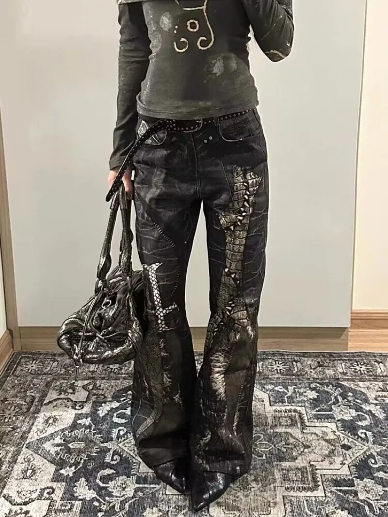 American Retro Python Print Straight Jeans Women Y2K Fashion Street Hot Girls Loose Harajuku Casual High Waisted Wide Leg Jeans 2