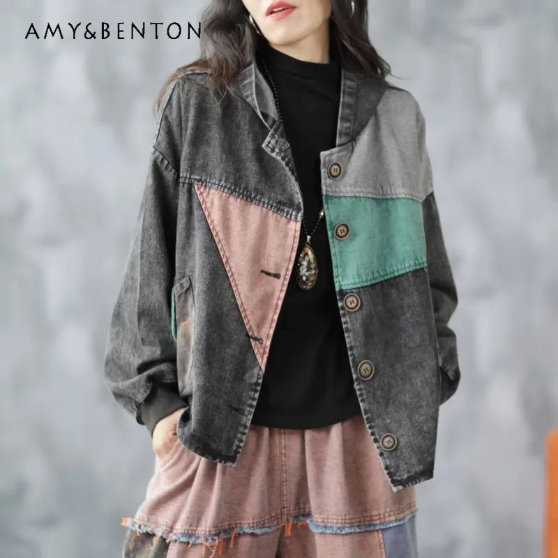 

2023 Autumn New Artistic Retro Loose Casual Stitching Denim Colorblock Hood Fashion Tops Overcoat Outwear Jaquetas Jeans Mujer