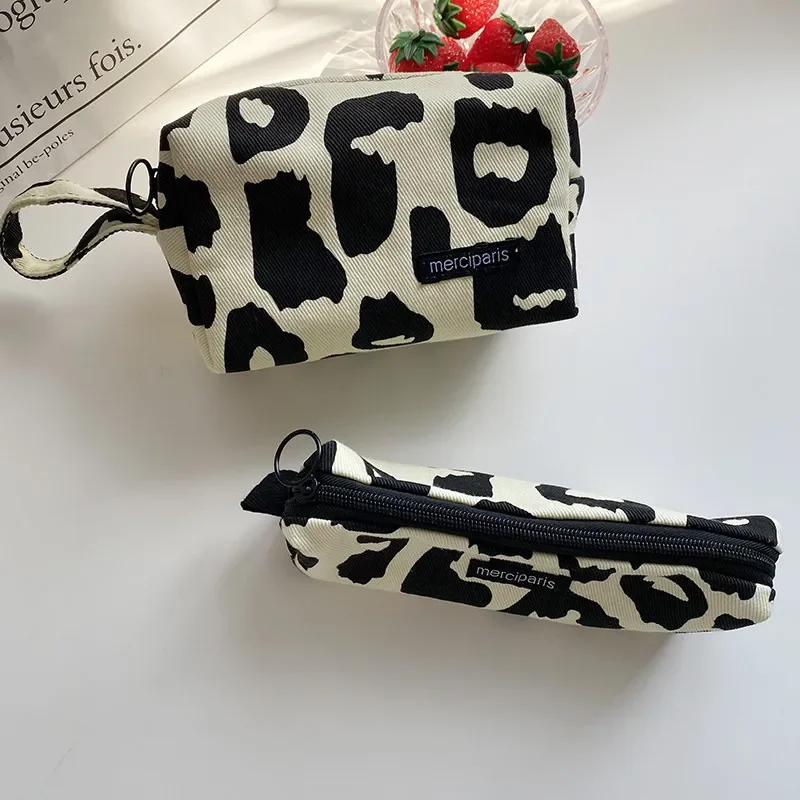 Retro Canvas Women's Cosmetic Bag Simple Plaid Girls Pencil Case Leopard Print Ladies Lipstick Storage Bag Small Wallet Handbags 3