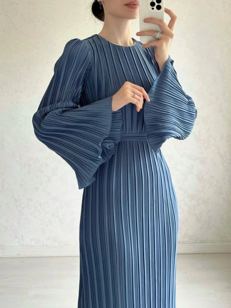 Eid Flare Sleeve Muslim Pleated Dress for Women Abaya Morocco Ramadan Lace-up Abayas Kaftan Islam Dubai Arab Modest Long Robe