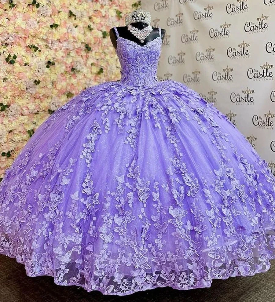 

Lilac Princess Quinceanera Dresses Ball Gown Spaghetti Straps Appliques Lace Beaded Sweet 16 Dresses 15 Años Mexican