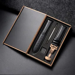 Elegant Genuine Leather Watchband with Butterfly Buckle - Premium Wrist Strap for Men and Women in Gift Box (Black - RoseGold)