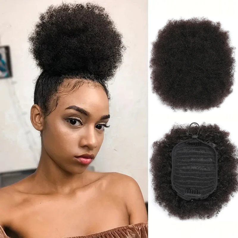 Afro Puff Ponytail 100% Real Human Hair Bun Kinky Curly Drawstring Ponytail Brazilian Clip In Hair Extensions Chignon 8Inch