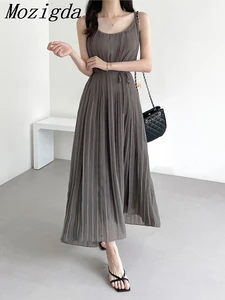 Summer Sleeveless Slip Dress Women Korean Style Loose Ruffle Pleated Fashion Sweet Ladies Dresses Elegant Woman Long Dress