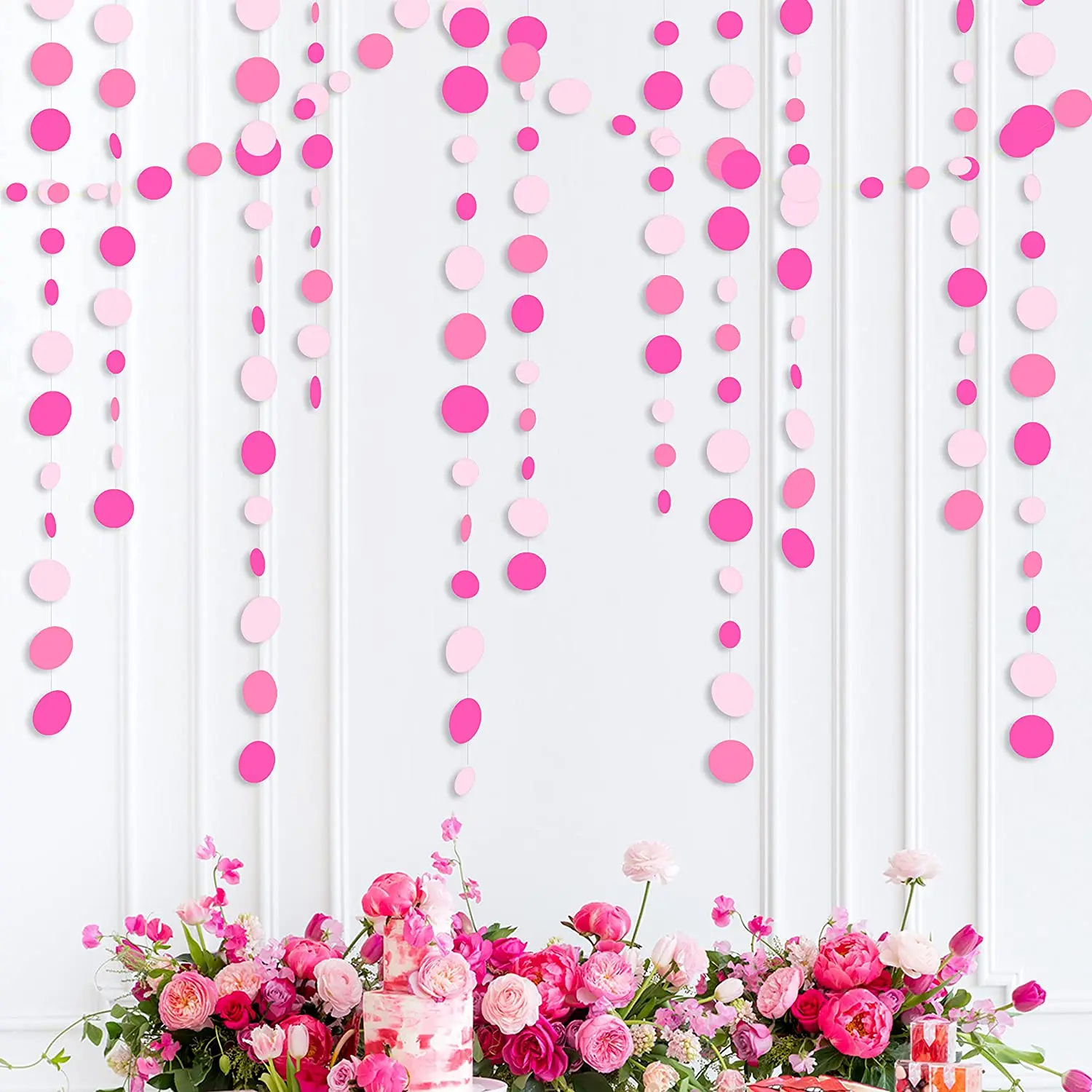 4M Hot Pink Birthday Party Decorations Circle Dots Garland Rose Pink Hanging Paper Polka Dots Streamer For Bachelorette Wedding