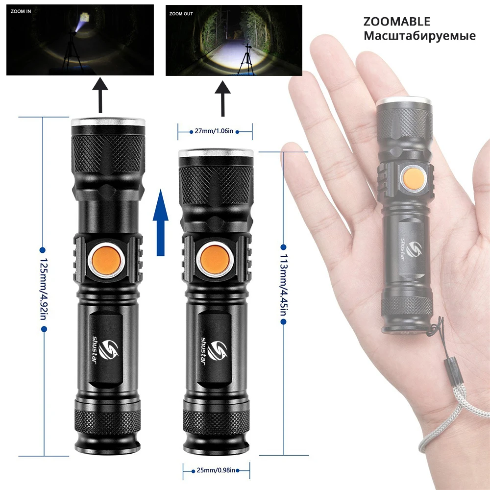 Powerful LED Flashlight With Tail USB Charging Head Zoomable waterproof Torch Portable light 3 Lighting modes