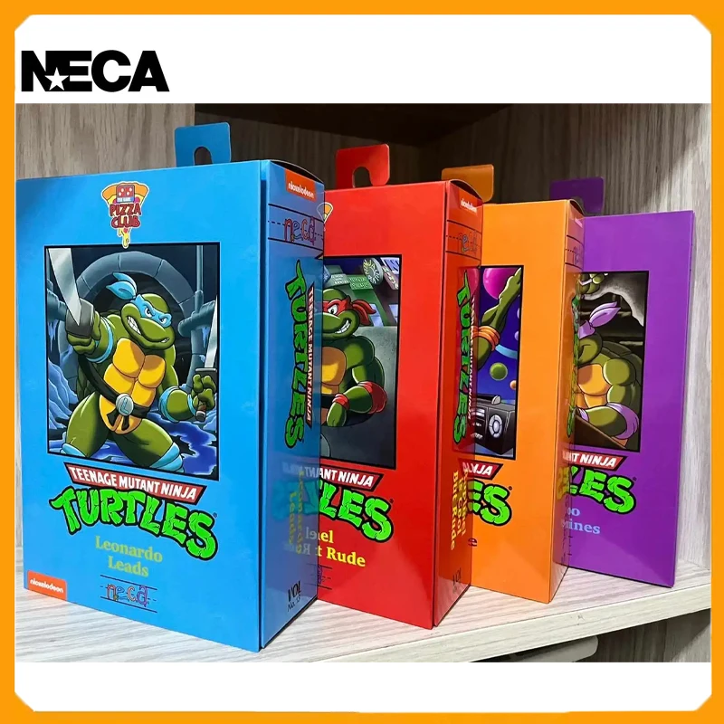 4 pcs Original NECA TMNT Teenage Mutant Ninja Trutles Leonardo Leads Pizza Club Anime Ver. Action Figures Gift Colle