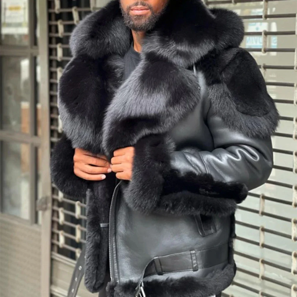 Men's faux leather plush fur Fabric integrated short belt with large lapel collar coat Tough motorcycle clothing jackets for men