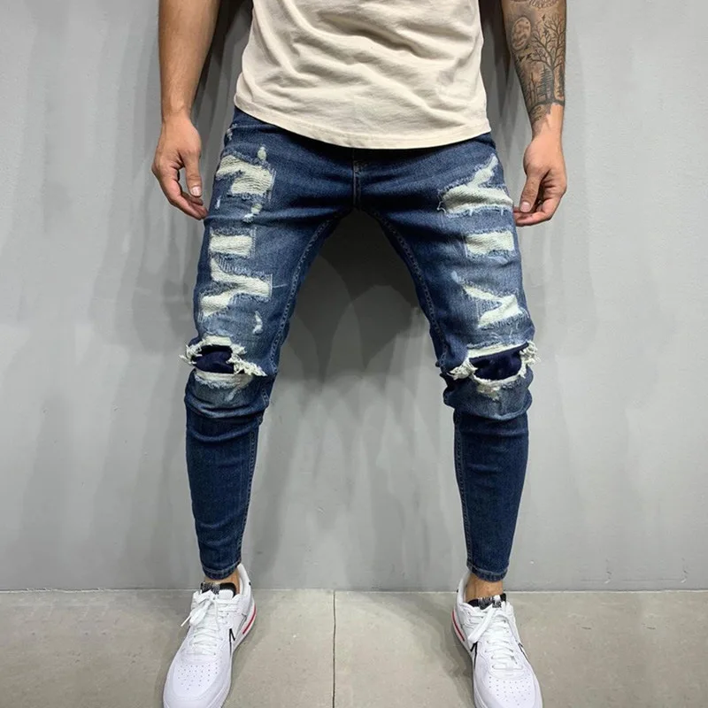 Mens Jeans Spring Autumn New Jeans Pencil Pants Korean Streetwear Holes Leisure Patch Men's Jeans Solid Color Trousers Pants