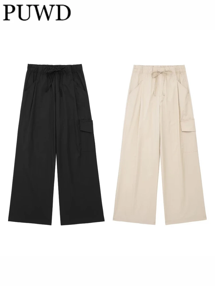 

PUWD Casual Women Fashion Black Lace-up Cargo Pants 2023 Summer Vintage High Waist Solid Color Female Bottoms Mujer