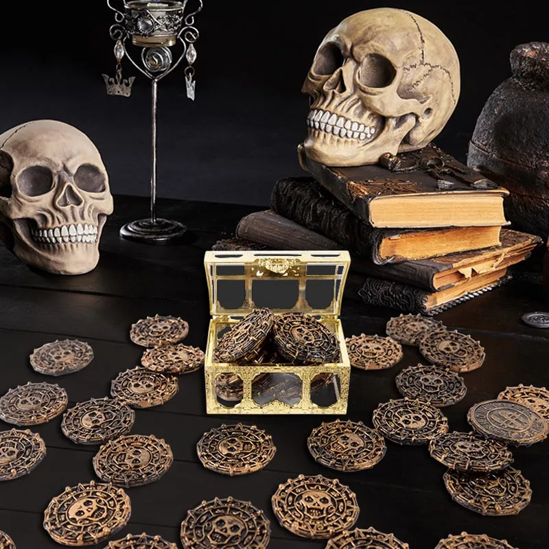 10/50PCS Piraten Münzen Kunststoff Metall Gold Münze Party Cosplay Kostüm Requisiten Schatztruhe Dekoration Geschenk Halloween Zubehör – Detail 2