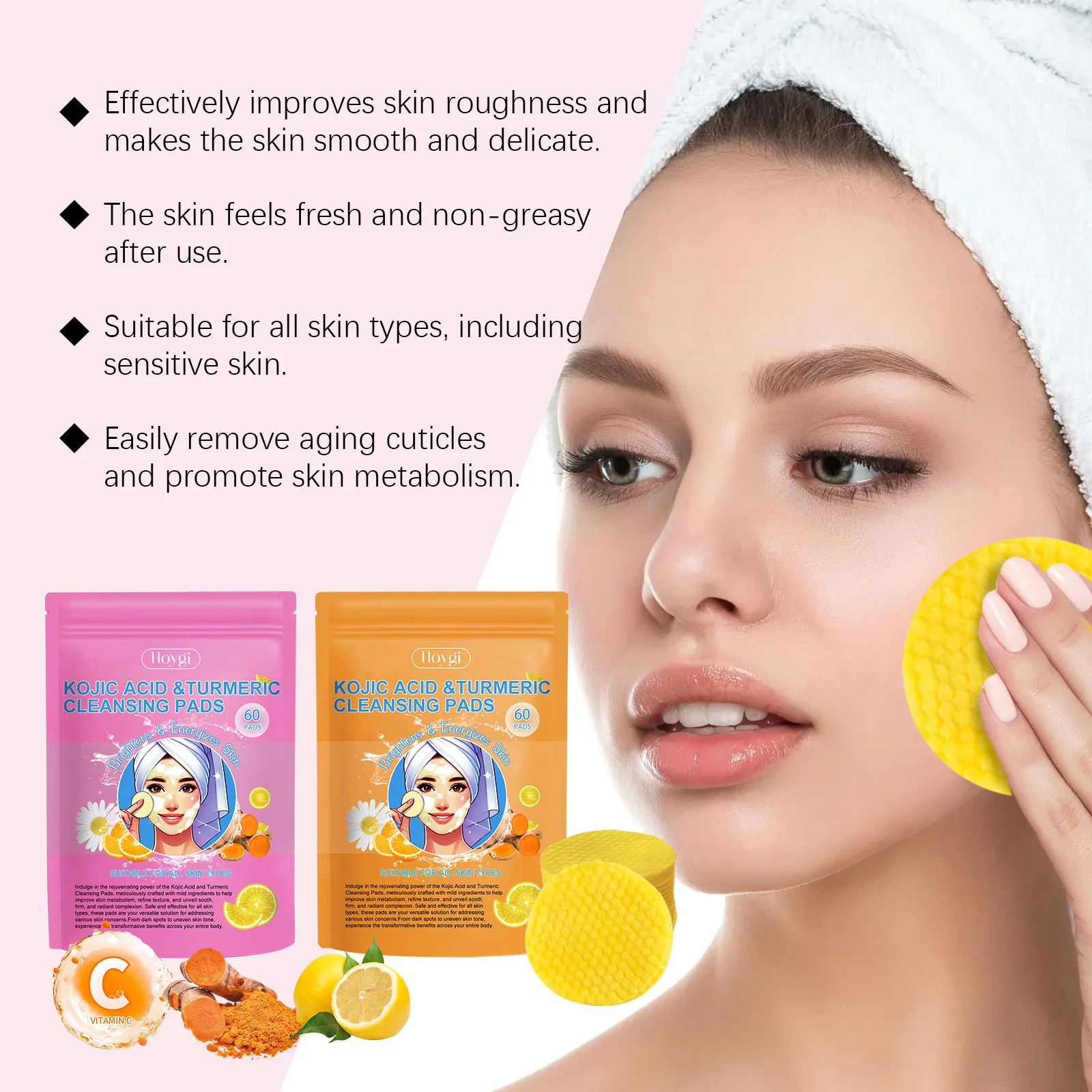 Turmeric Facial Cleanser Pads Pores Deeply Cleaning Makeup Remover Moisturizing Exfoliating Dead Skin Kojic Acid Facial Sponges 6