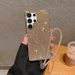 Luxury Diamond Bling Leather Phone Case with Glitter Protection and Strap - Galaxy S23+ (Rose Gold)