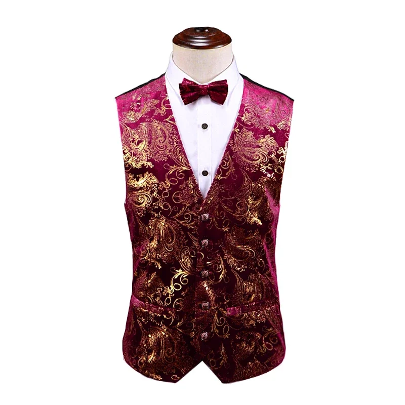 Men Luxury Wedding Suit Vest Gold / Silver / Red Fashion Male Gold Velvet Embossed Waistcoat