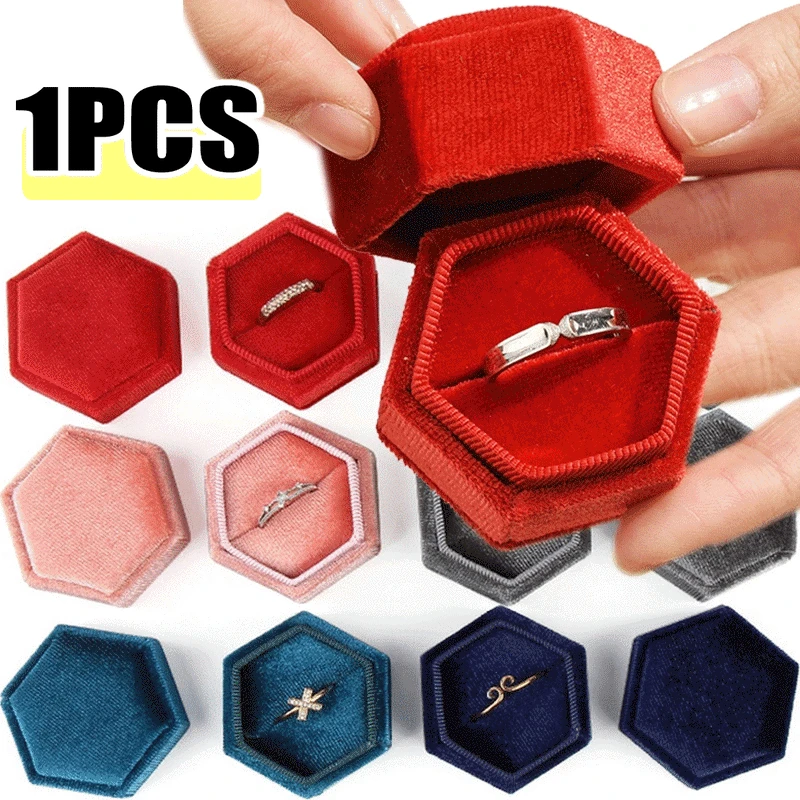 Retro Personalized Hexagon Velvet Ring Box Wedding Engagement Bridal Elegant Props Single Slot Rings Storage Box